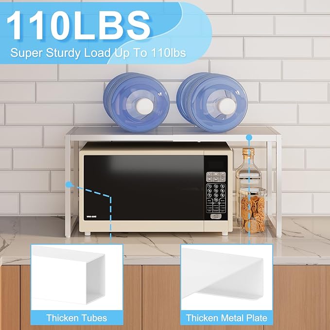 Expandable Kitchen Storage Shelves,110LBS Heavy Duty Metal Shelving Units and Storage For Small Appliance, Adjustable Stackble Storage Shelf Organizer For Kitchen Cabinet Pantry Warehouse Garage,White