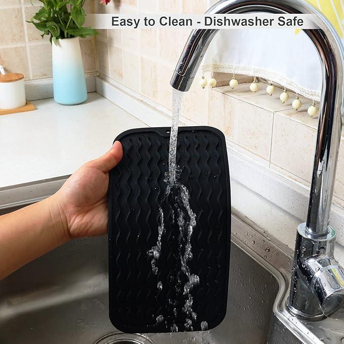 ZLR 2 Pcs Silicone Sponge Holder & Sink Caddy Tray (6" x 12") - Narrow Dish Drying Mat for Kitchen Counter - Waterproof Soap Dispenser Organizer, Non-Slip Bathroom Vanity Tray (Black)