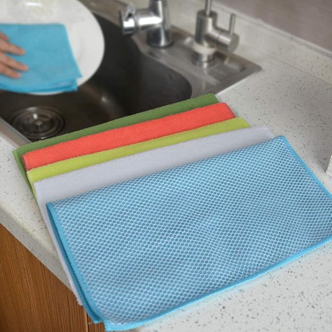 SINLAND Microfiber Dish Cloth Towels with Poly Scour Side Best Kitchen Cleaning Cloths Rags 12"x12" 5 Pack 5 Color Assorted (Pink+Blue+White+Yellow+Green)