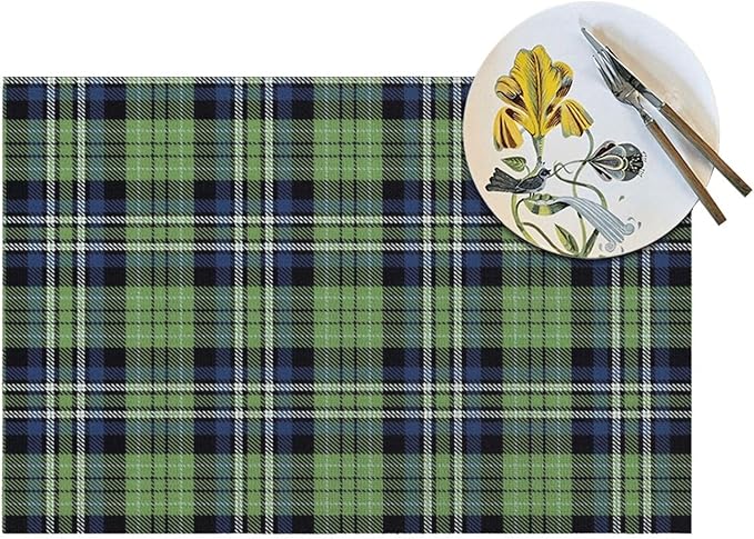 Spring Place mats Set of 4 12x18 Inches,Blue Green Buffalo Plaid Decorative Placemats Rectangle Summer Linen Table Mats for Party Home Kitchen Dining Table Decoration