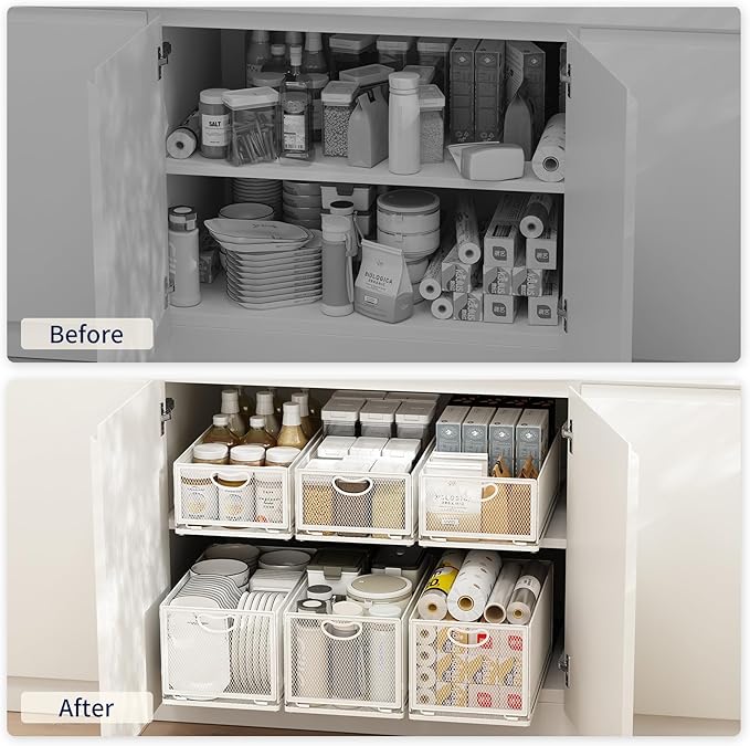 Pull Out Cabinet Organizer, No Drill Adhesive Sliding Drawers for Kitchen, Metal Mesh Wire Storage Shelf for Pantry & Under Sink, White (9.6" W x 15.7" D x 8.4" H)