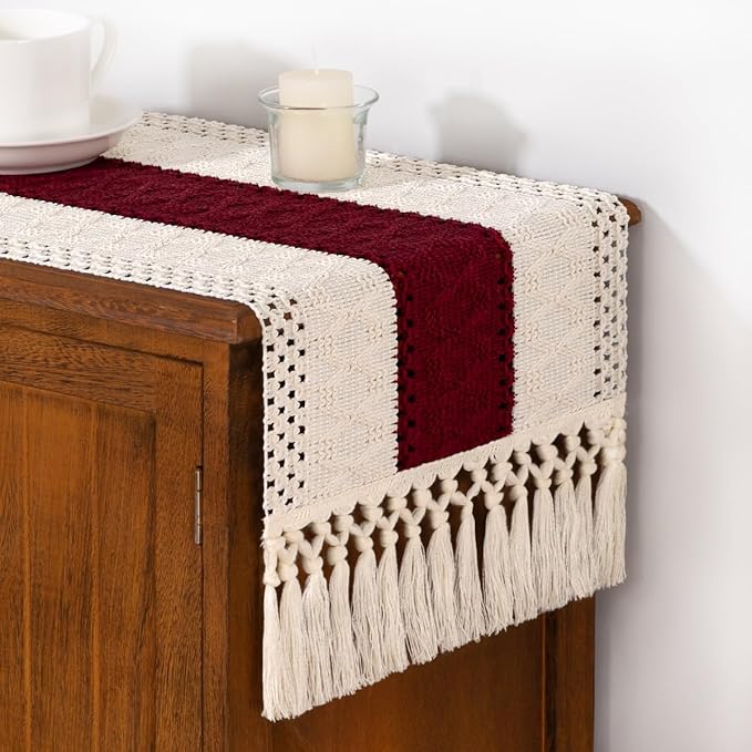DeZerlor Boho Macrame Table Runner Spring Easter Farmhouse Woven Table Runner with Tassels 108 Inches Ivory& Burgundy Red Cotton Linen Kitchen Table Decor for Dining Dresser Home Tea Table Decor