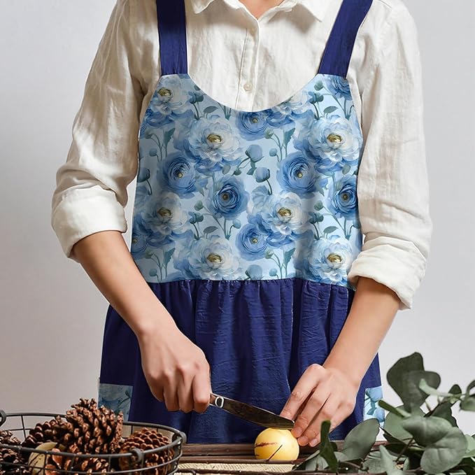 Uaussi Cotton Linen Apron Cross Back Work Apron for Women with Pockets Pinafore Dress X Cross Halter Apron for Chef Gardening