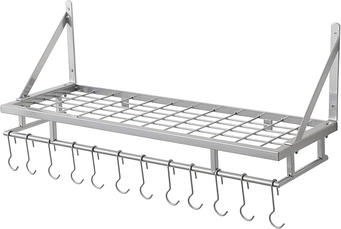 KES 30-Inch Silver Gray Pot Rack, Wall Mounted Hanging Pot and Pan Organizer with 12 Sturdy Hooks, Kitchen Wall Hanger Shelves Modern, KUR215S75A-SG