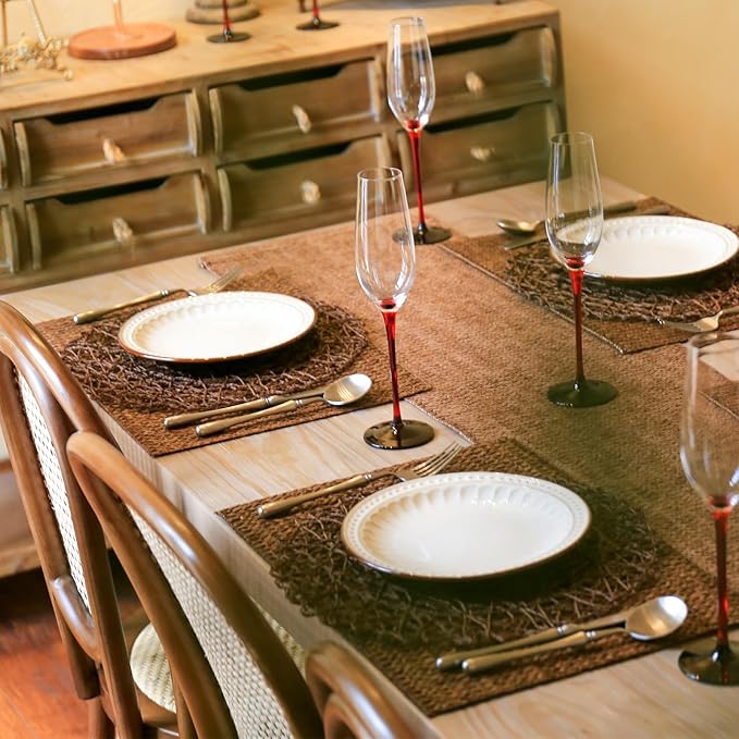AHHFSMEI Paper Braided Round Placemats Set of 8 Natural Non-Slip Heat Resistant Table Mats for Dining Tables Woven Indoor & Outdoor Place mats(Coffee,8)