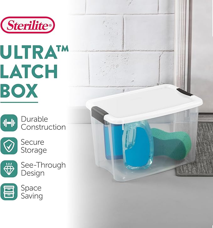 Sterilite 12-Pack Ultra Latching Box, Storage Bins with Lids, Clear Plastic, 30 Quart - Heavy-Duty Organizing Containers for Closet and Office