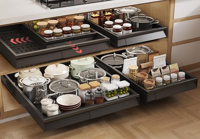 Seinloes 4 Pack Pull Out Cabinet Organizer With Raising Pad for Framed Cabinets,Expandable Width (13"-21") and Depth (17"-24"),3 Slide Rails Slide Out Drawers with Handle,No-Drill Roll Out Shelf,Black