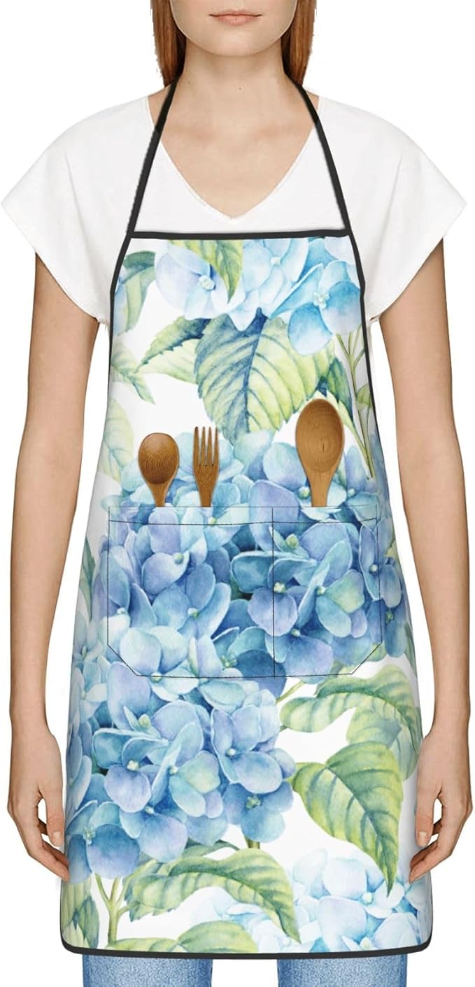 Blue Hydrangea Flowers Watercolor Oven Mitts Pot Holders Cooking Apron Set of 5 Silicone Kitchen Glove Apron Non-Slip Heat Resistant for Chef Baking Cooking Grilling BBQ