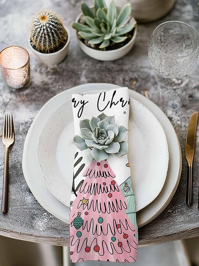 Christmas Cloth Napkins Set of 6, Pink Xmas Tree Washable Dinner Napkins Winter Snowflakes Rustic Plaid Table Reusable Napkin for Home Party Wedding Dining Table Setting Decoration, Oversized 20"x20"