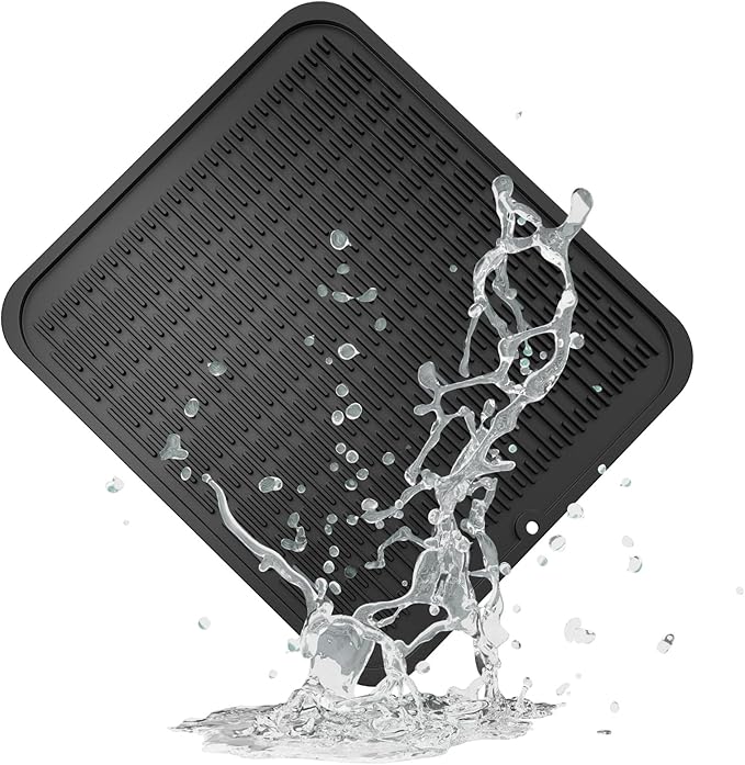 ZLR Large Silicone Dish Drying Mat (16" x 18") - XL Heavy Duty Drainboard Mat for Pots, Pans & Family Loads - Heat Resistant Trivet & Counter Protector, Easy Clean (Black)