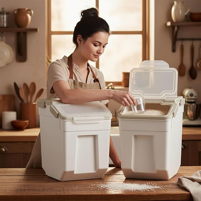 PENCK Rice Storage Container 50 lbs Large Household Flour Sugar Containers Airtight Grain Cereal Dispenser with Wheels, Locking Lid & Measuring Cup for Kitchen Pantry Organization, 2 Pack(Grey)
