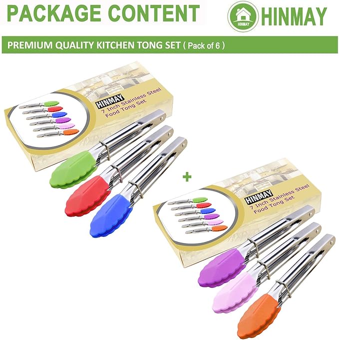 HINMAY Small Tongs with Silicone Tips 7-Inch Mini Serving Tongs, Set of 6 (Green Red Blue Purple Pink Orange)