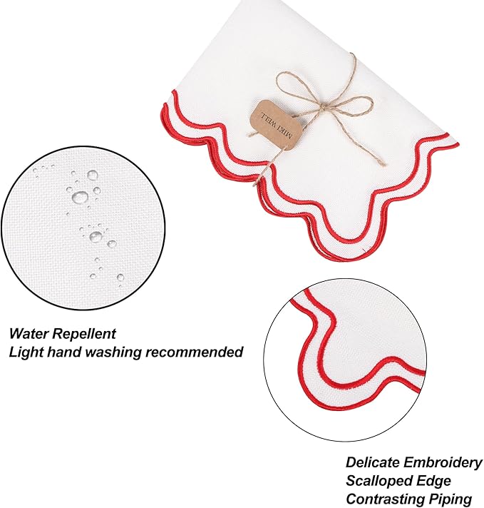 Set of 6 Cotton Linen Placemats, 13''x 19'' Wavy Embroidery Scalloped Placemats Washable Rustic Dinner Waterproof Table Mats (red)