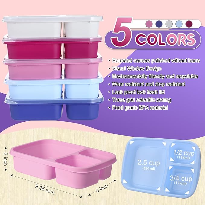 Honeydak 5 Pack Snack Containers 3 Compartment Bento Snack Boxes Divided Meal Prep Containers with Lids Reusable Adults Lunch Food Storage Box for School Work Travel(Blue White Purple)
