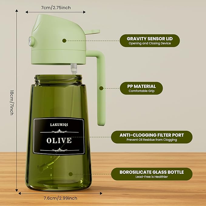 LAKUMIQI 2 in 1 Oil Sprayer for Cooking, 16oz Olive Oil Dispenser Bottle for Kitchen, Food Grade Light-Blocking Leak Proof Glass Spray Bottle for Salad, Air Fryer, BBQ