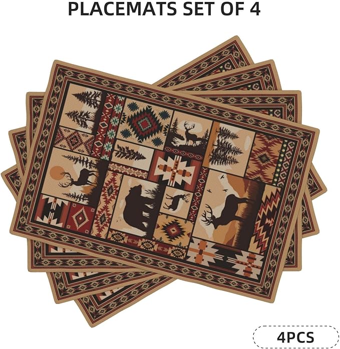 Rustic Brown Wildlife and Tribal Pattern Linen Placemats Set of 4, Heat Resistant Cute Bear Deer Table Mats for Dining Table Kitchen Party Cabin, Vintage Home Decor & Gifts for Outdoor Nature Lovers