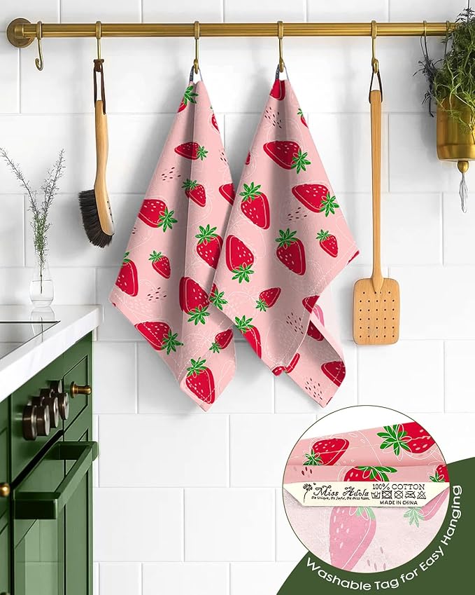 Miss Adola Flour Sack Kitchen Towels Set of 2-18x26 Cotton Dish Towels with Hanging Loop Reusable Tea Towel for Cleaning Spring Absorbent Dishcloths Cute Home Decor Housewarming, Line Strawberry