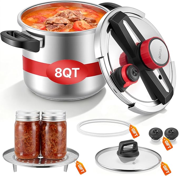 VEVOR Pressure Cooker, 8Qt Pressure Cooker Stainless Steel, Pressures Canner with Steaming Rack, Tempered Glass Lid, Three Pressures Settings for Meat, Beans, Rice, Soup, Sauces, Cook up to 100 kPa