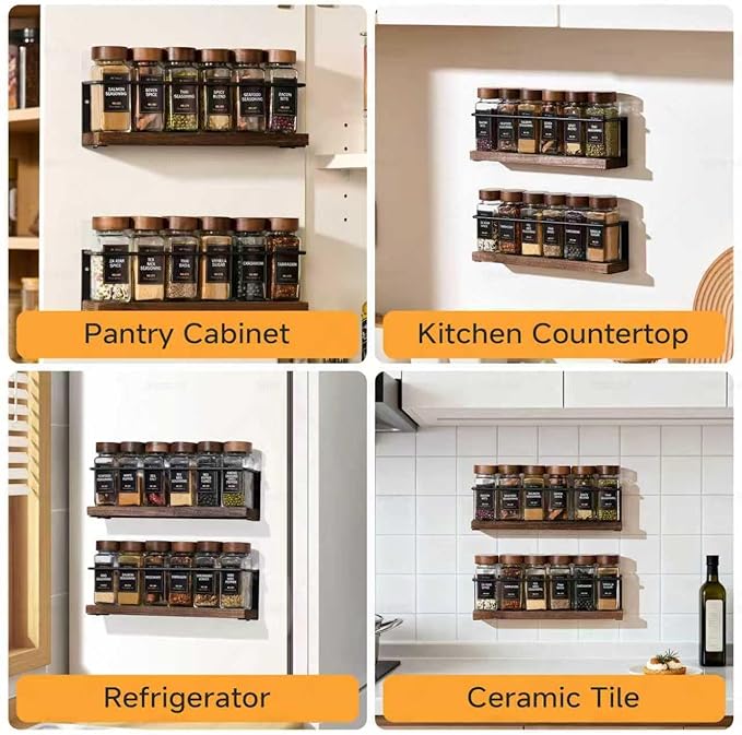 4-Tier Wall Mount Spice Rack Organizer- Screw/Adhesive Mount, Black Metal & Wood Spice Storage for Kitchen Pantry Cabinet, 11.6”L x 2.4”W x 3.2”H, Spice Jars Not Included