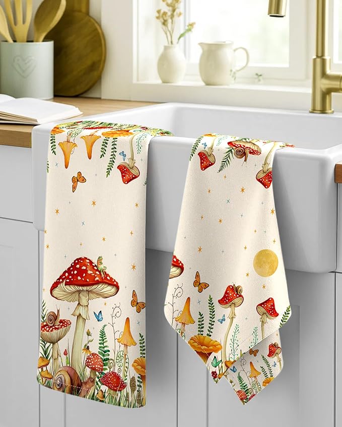 Miss Adola Flour Sack Kitchen Towels - Set of 2 Spring Dish Towels with Hanging Loop 18x26 Inch Absorbent Reusable Cotton Cloths for Cleaning Cute Design Home Decorative Housewarming, Mushroom Moon