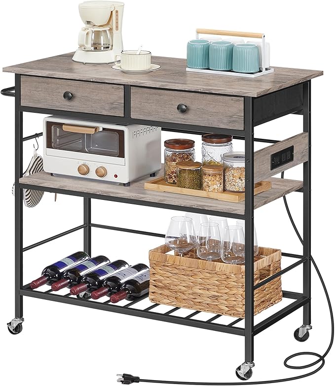 HOOBRO Kitchen Island with Storage, Rolling Island Cart for Kitchen with 2 Drawers & Outlet, 3 Tier Coffee Station and Microwave Stand, Kitchen Island Table for Home, Greige BG08UZD01