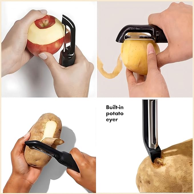 Swivel Vegetable Peeler with Non-Slip Ergonomic Handle, Rust-Proof Steel Blades, Built-in Potato Eye Remover, Plastic Blade Guard, Kitchen Peeler for Potato, Carrot, Apple, Veggie, Fruit, Black