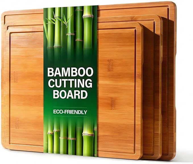 Zarler Bamboo Cutting Boards for Kitchen, 3 Piece Durable Wood Cutting Board with Juice Grooves and Handles, Wooden Chopping Board Set for Meal Prep, 500℉ Carbonized Bamboo, Ideal Kitchen Gift