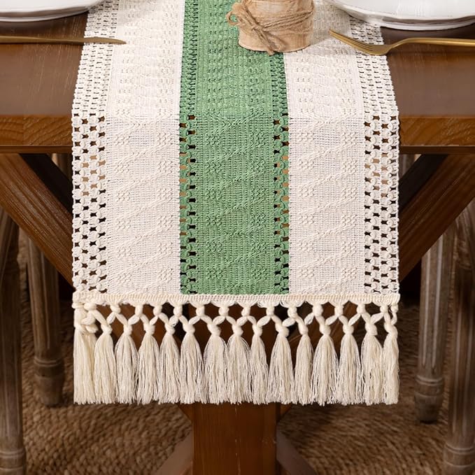 DeZerlor Boho Macrame Table Runner Spring Easter Farmhouse Woven Table Runner with Tassels 72 Inches Ivory& Sage Green Cotton Linen Kitchen Table Decor for Dining Dresser Home Tea Table Decor