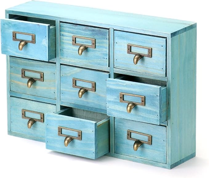QWORK Desk Drawer Organizer, Wooden Vintage Apothecary Cabinet with 9 Drawers, Home Office & Tea & Dresser Bedroom Organization and Storage, Traditional Apothecary Cabinet, Blue
