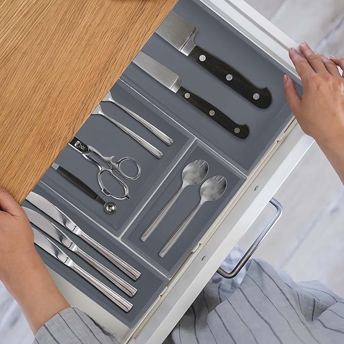 PRATIQUE Bamboo Drawer Organizer - Kitchen Utensil Organizer Silverware Tray Cutlery Holder，Office Desk Supplies and Accessories,8.9 * 3 * 2.6,Grey