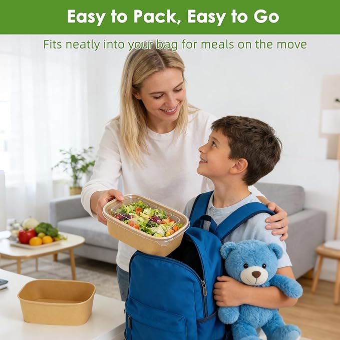 50-Pack 30oz Disposable Meal Prep Containers【with Lids and Forks】, Compostable Kraft Paper Bowls To Go Food Containers, Microwave & Freezer Safe for Hot & Cold Foods