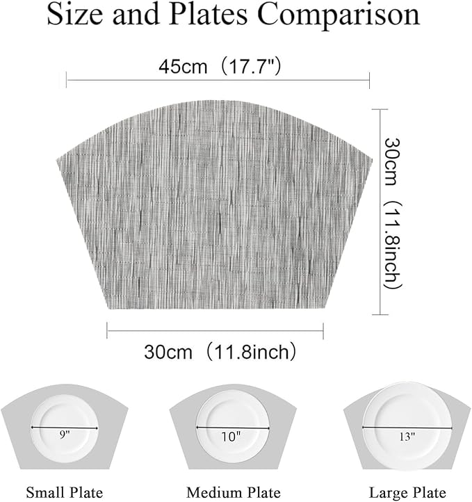 SHACOS Round Table Placemats Set of 4 Wedge Placemats Heat Resistant Woven Vinyl Table Mats Wipe Clean (4, Silver Gray)