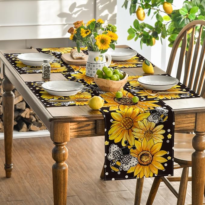 Artoid Mode Black Sunflower Bee Flower Polka Dot Summer Placemats Set of 4, 12x18 Inch Table Mats for Table Runner Party Kitchen Dining Decoration