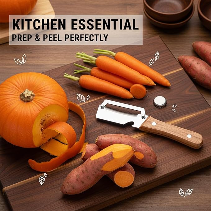 Sakerplus Multifunctional Vegetable Peeler,Multi Functional Premium Vegetable Peeler with Wooden Handle and Bottle Opener,Stainless Steel Blade Kitchen Tool (2)