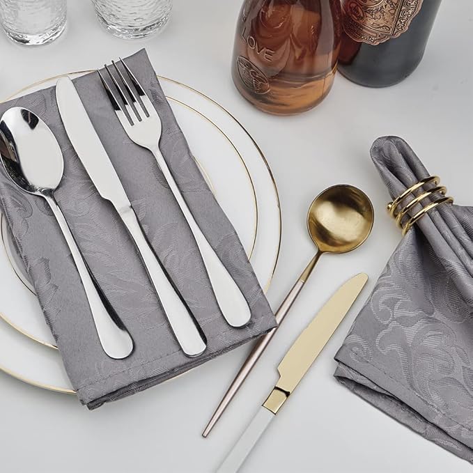 Cloth Napkins Set of 8 – Square 17x17 Inch Jacquard Fabric Polyester Washable Reusable Cloth Napkins for Kitchen Dinner Dining Restaurants Wedding Party Banquet Table (Grey, 17X17 Inch)