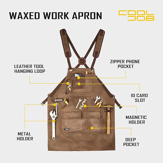 COOLJOB 16oz Waxed Canvas Work Apron with Tape Holder, Deep Pockets and Adjustable Strap, Men's Oversized Shop Apron