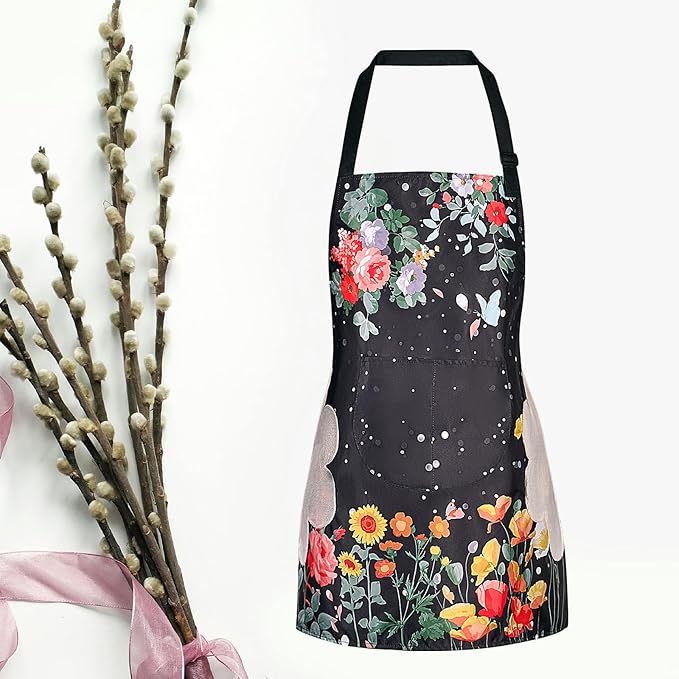 DILLMAN 2 Pack Floral Aprons with Pocket Blooming Womens Waterproof Adjustable Cooking Aprons Kitchen Gardening Salon