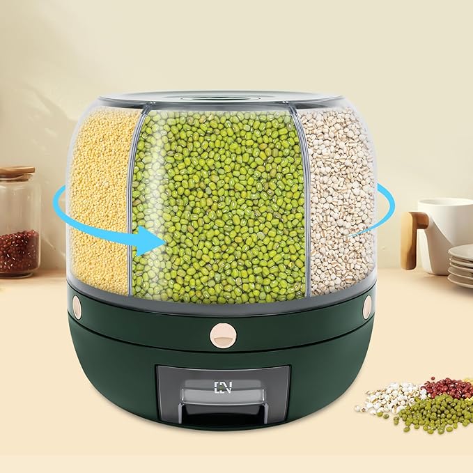 360° Rotating Grain Dispenser With 6 Grids, 13.2lbs Large Capacity Grain Dispenser Rotating Kitchen Storage Containers With Sealed Lid For Peanut Barley Millet And Cereal (Green, 13.2 lbs)