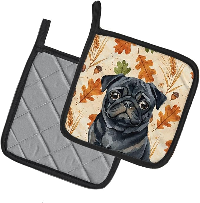 Caroline's Treasures Black Pug Heirloom Fall Pair of Pot Holders Pair 7.5x7.5 Quilted Insulated Hot Pads Decorative Kitchen Gift Made in USA