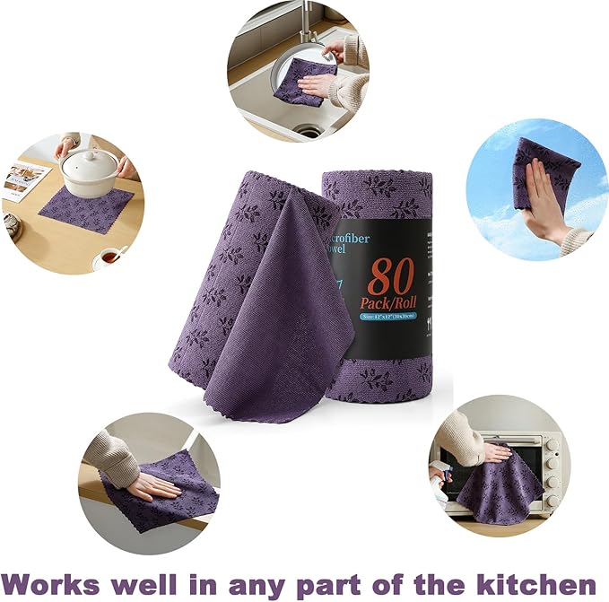 Microfiber Cleaning Cloth Roll,80 Pack Cleaning Towels,Lint Free Rags Paper Towels & Tear Away Reusable Towels,Washable Shop Rags Floral Wipe Cloth,Wash Cloths Dish Rags for Car Kitchen Window