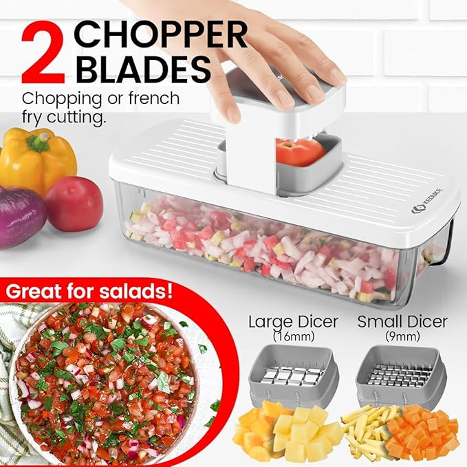 KEOUKE 8-in-1 Vertical Vegetable Chopper Mandoline Slicer with Container White - Safe Tap Out Dicer with Hand Guard for Kitchen Easy Food Prep, Onion Potato Veggie Fruit
