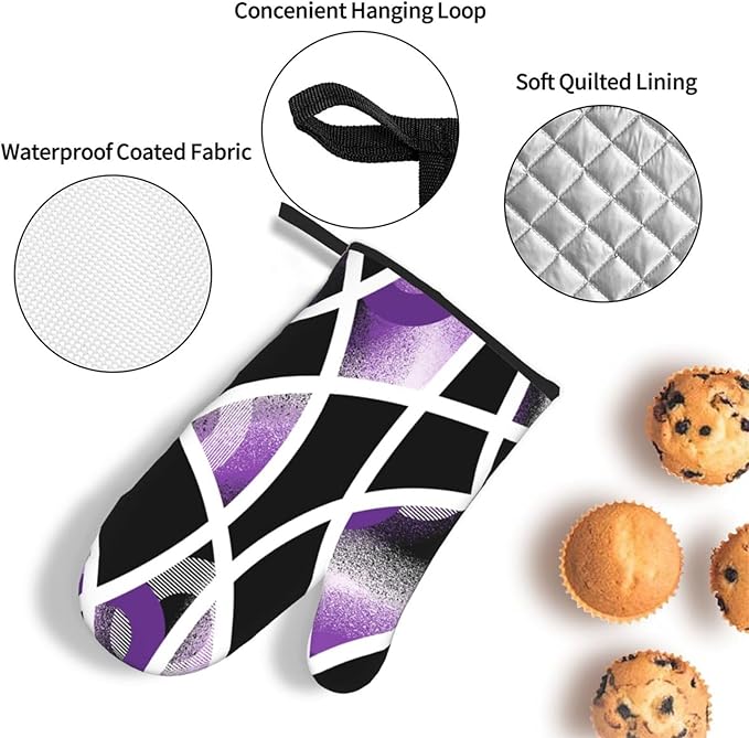 3-Piece Purple Black Abstract Geometric Oven Mitts and Pot Holders Set, Heat Resistant Modern Art Kitchen Gloves Hot Pads for Baking Cooking Grilling, Chef Gifts for Cooking Lovers, Home Decor, Purple