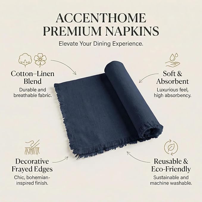 ACCENTHOME Navy Cotton Linen Napkin Set of 6 18x18 inch Dinner Napkins - Washable Soft Premium Hotel Quality Reusable Napkins Perfect Table Napkins for Family Dinners, Weddings & Everyday Use