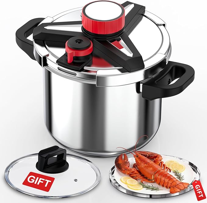 18/8 Stainless Steel Pressure Cooker 10 Quart, [One-Hand Locking] Pressure Cooker, [3-In-1] Olla de Presion, Induction Compatible, Gas Stovetop Compatible,Includes Glass Lid & Steamer Rack