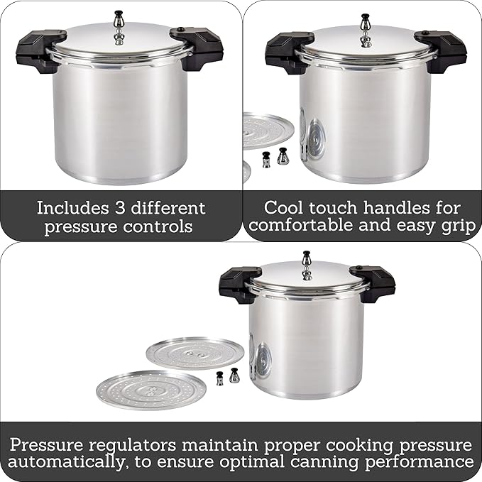 MIRRO 22qt Aluminum Pressure Canner with 3 Regulators & double Cooking Racks, 5/10/15 PSI