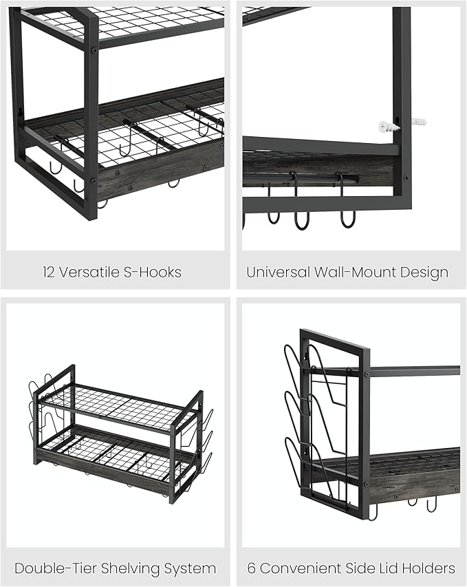 CHOEZON Hanging Pot Rack, Pot Rack Wall Mounted, 2-Tier Kitchen Pot and Lid Organizer, Wall-Mounted Cookware Holder with 12 Hooks, for Kitchen Storage of Pots, Pans, Utensils, Charcoal Black TPR02BC