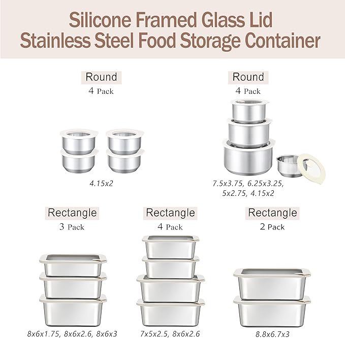 Urban Green Stainless Steel Food Containers with Glass Lid, Airtight Leakproof Stainless Steel Storage Containers in set of 4, Round Shape, Microwave Safe, 100% Plastic Free