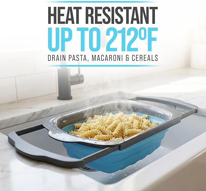 Comfify XL Large Kitchen Strainer - Collapsible Silicone Over - The-Sink Colander with Extendable Handles - Use with Pasta, Fruit, Berries & Veggie - 6 Quart - Blue