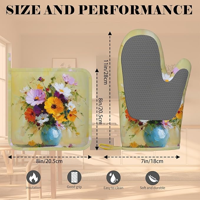 Vintage Flower Heat-Resistant Oven Mitts and Pot Holder Kitchen Non-Slip Silicone Cooking Microwave Gloves for Cooking Baking Grilling