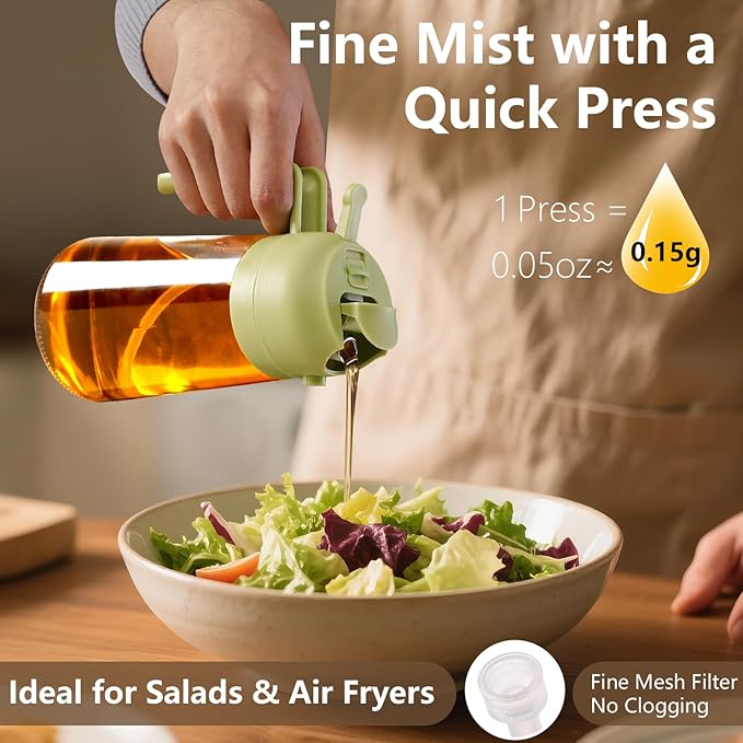 SWEET VIEW 16oz/470ml Oil Dispenser and Oil Sprayer, Glass Olive Oil Pourer for Kitchen, Air Fryer, Cooking, Salad, BBQ(Green)